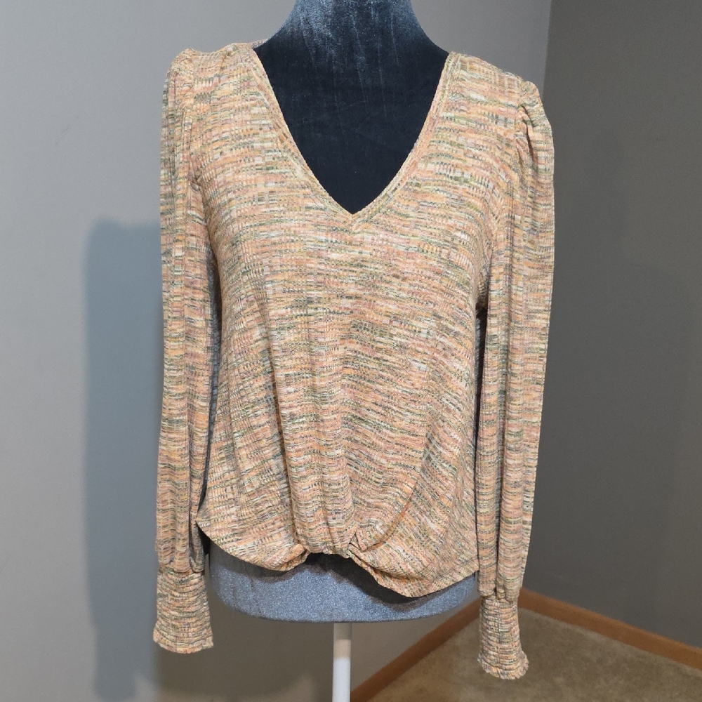 Democracy Women's V-Neck‎ Knit Top - Tan and Cream